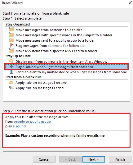Image: Outlook Rules Wizard: Selecting rule template