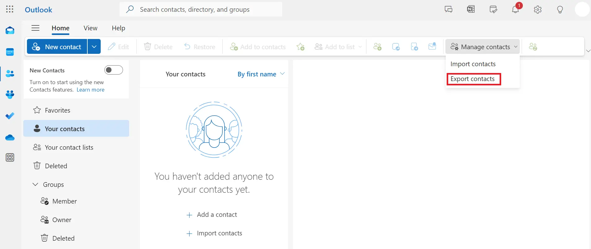 Outlook on the web: Manage contacts option Image: Outlook on the web: Manage contacts option