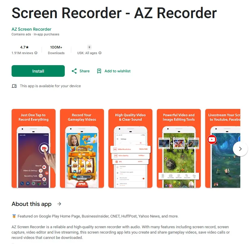 Screenshot tool AZ Screen Recorder in the Google Play Store Image: Screenshot tool AZ Screen Recorder in the Google Play Store