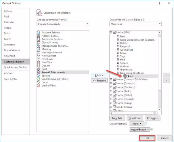 Image: ‘Customize Ribbon’ window in Outlook with new group and print function
