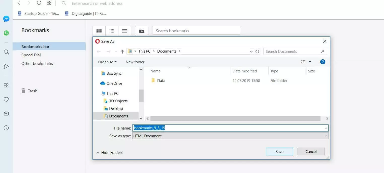 Image: Specifying a location for personal bookmarks in Opera