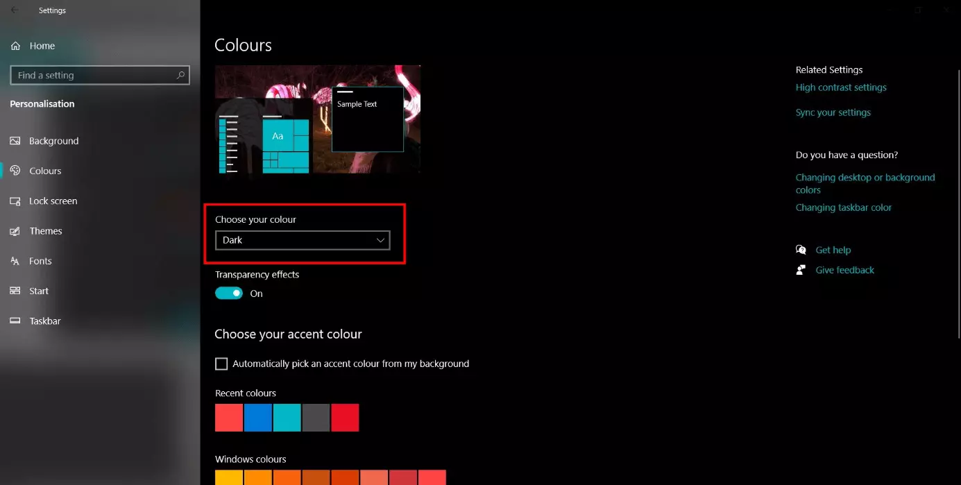 Image: Windows 10: Enabling the dark mode