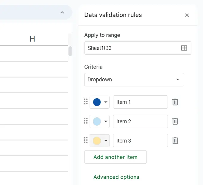 Google Sheets: Example of drop-down elements Image: Google Sheets: Example of drop-down elements