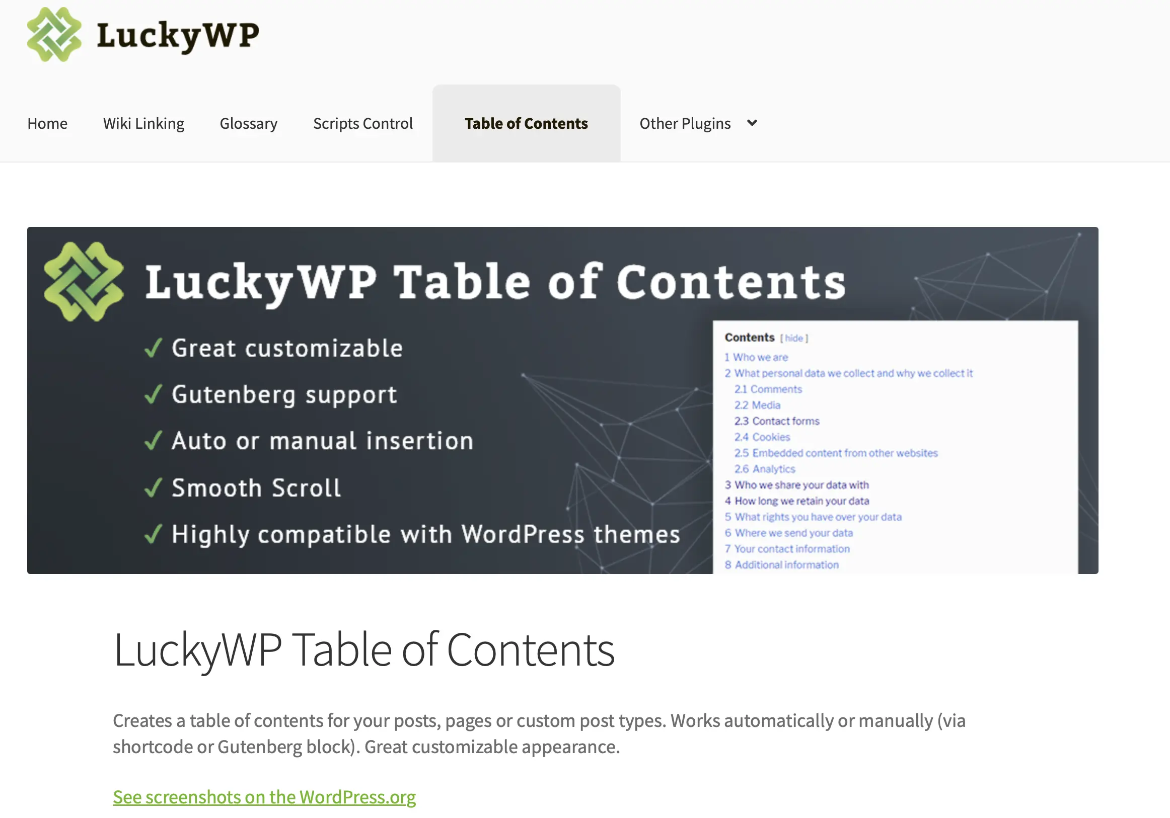 Image: Information page for LuckyWP Table of Contents on the developer’s website