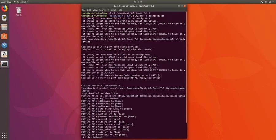 Image: Command line under Ubuntu 17. bin/solr -e techproducts starts a demo with given data and configurations
