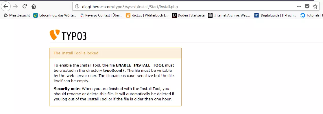 Image: Error message during the TYPO3 installation that the installation wizard cannot be started.