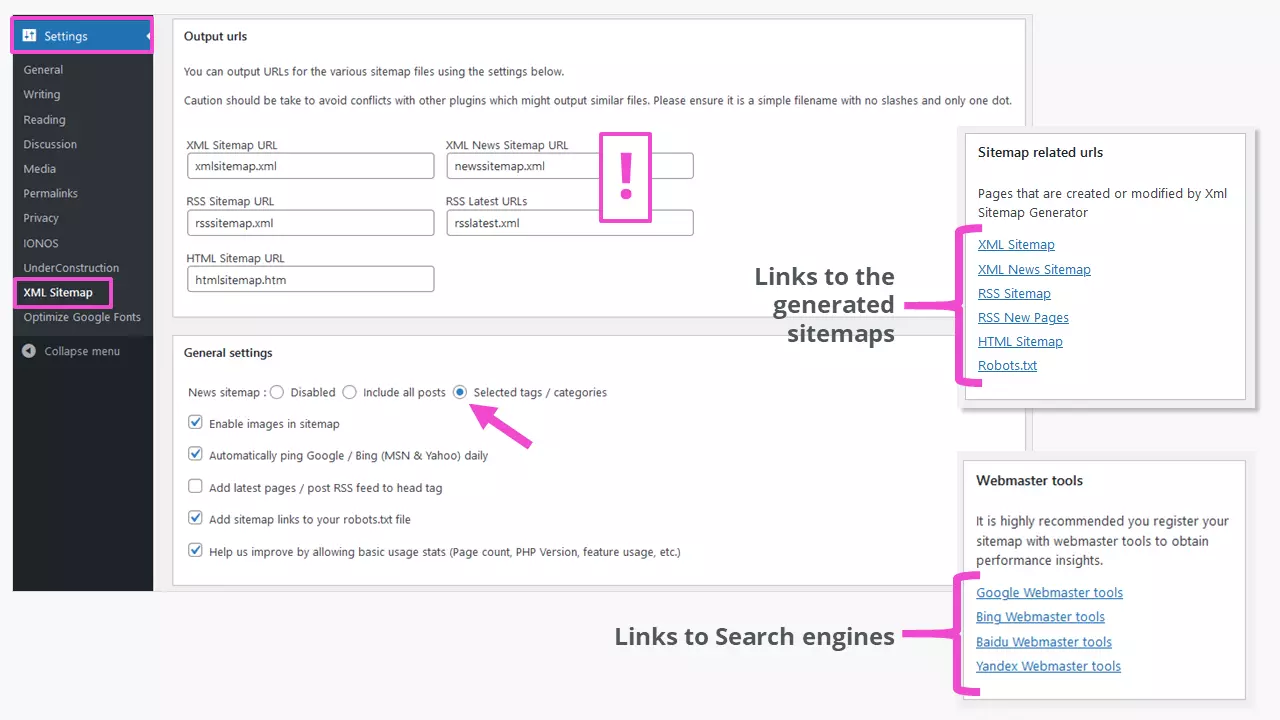 Image: Upper part of the admin interface of the plugin `XML Sitemap Generator for Google´