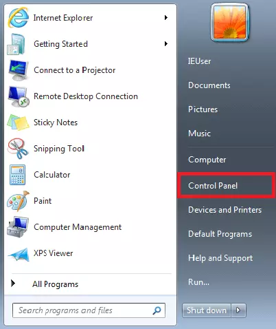 Image: Windows 7 start menu showing the Control Panel button