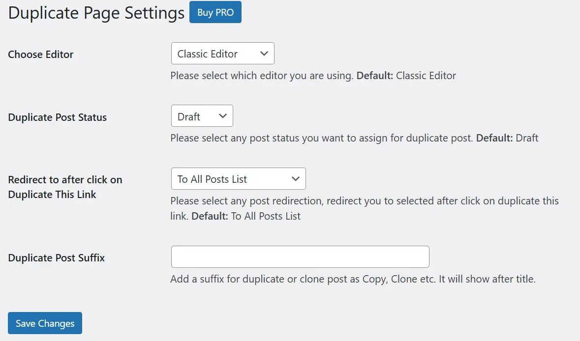 Image: Settings options for Duplicate Page