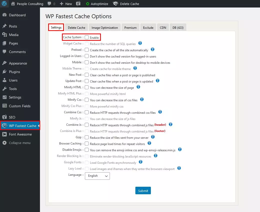Image: WP Fastest Cache: checkbox for enabling/disabling caching