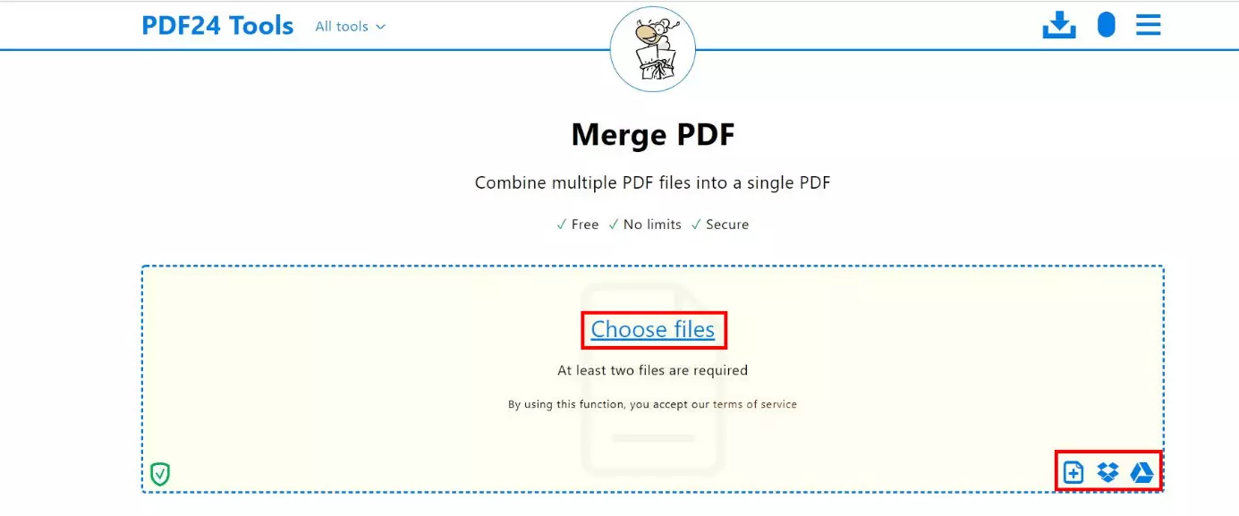 Image: Window for merging PDFs using PDF24: Upload area