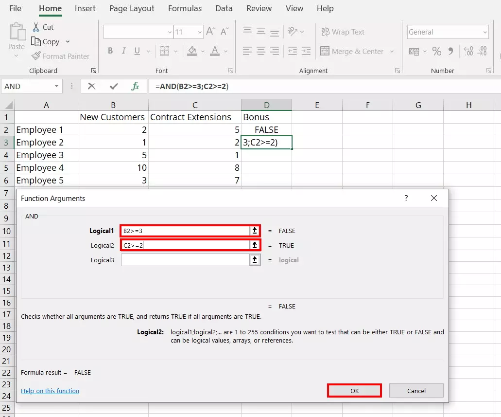 Image: Excel AND: “Function Arguments” dialogue box