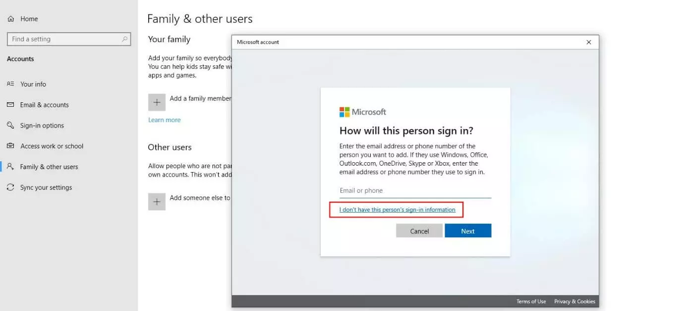 Microsoft dialogue “How will this person sign in?”