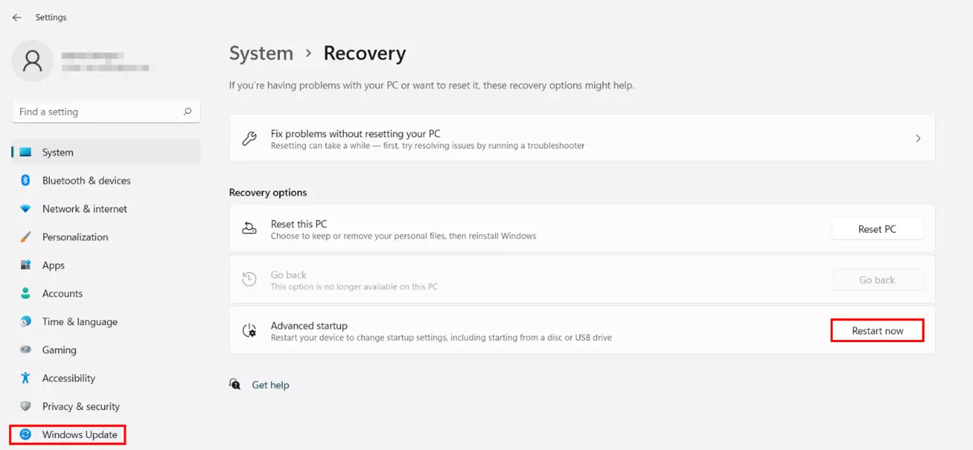 Image: Settings of Windows 11: Button for the extended system start