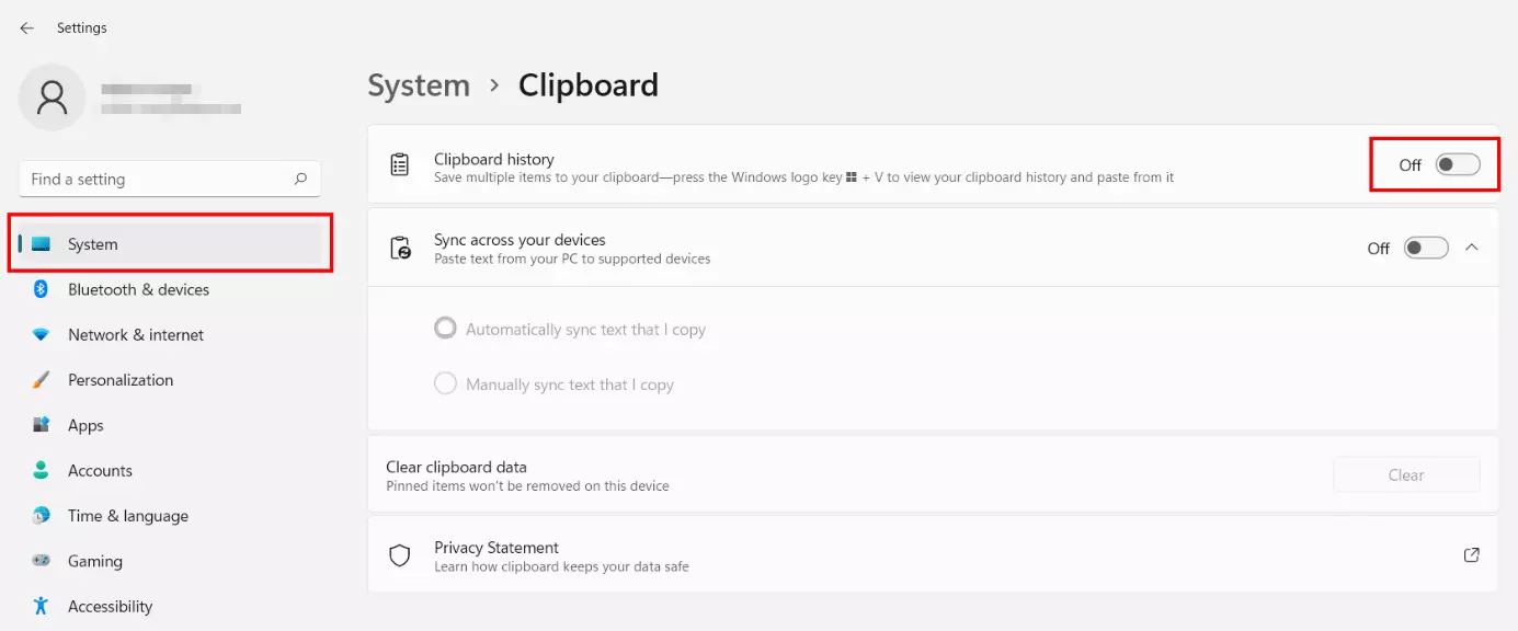 Image: Windows 11: Clipboard history turned off