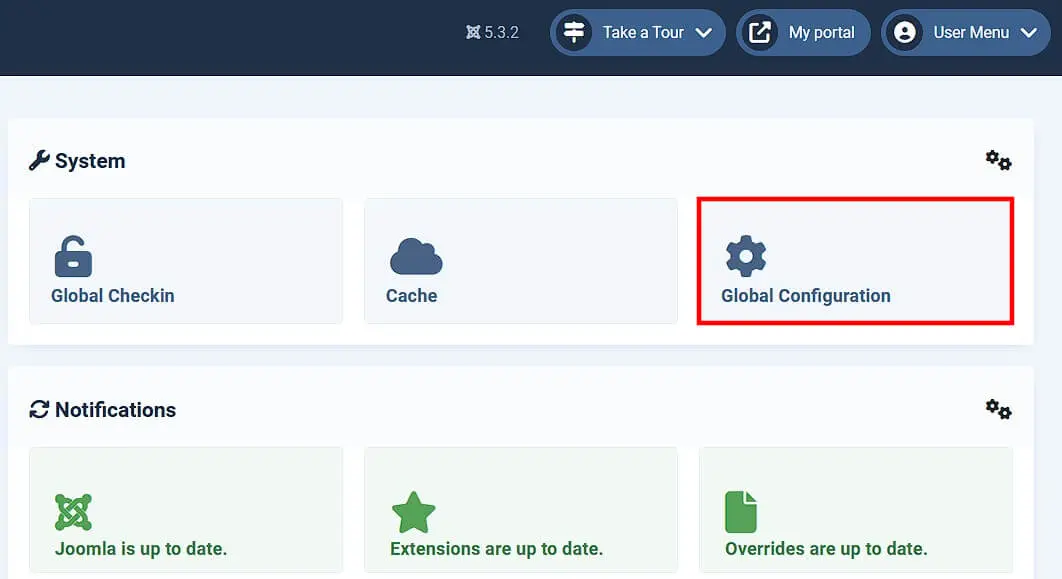 ‘Global Configuration’ button in the Joomla backend Image: ‘Global Configuration’ button in the Joomla backend