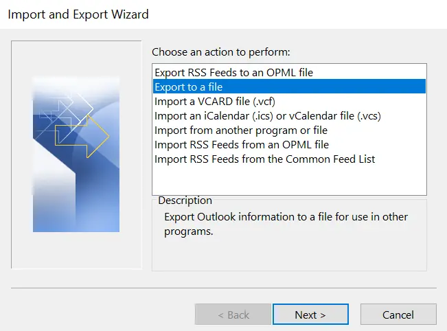 Import and Export Wizard in Outlook 365 Image: Import and Export Wizard in Outlook 365