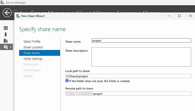 Specify a share name in Server Manager Image: Specify a share name in Server Manager