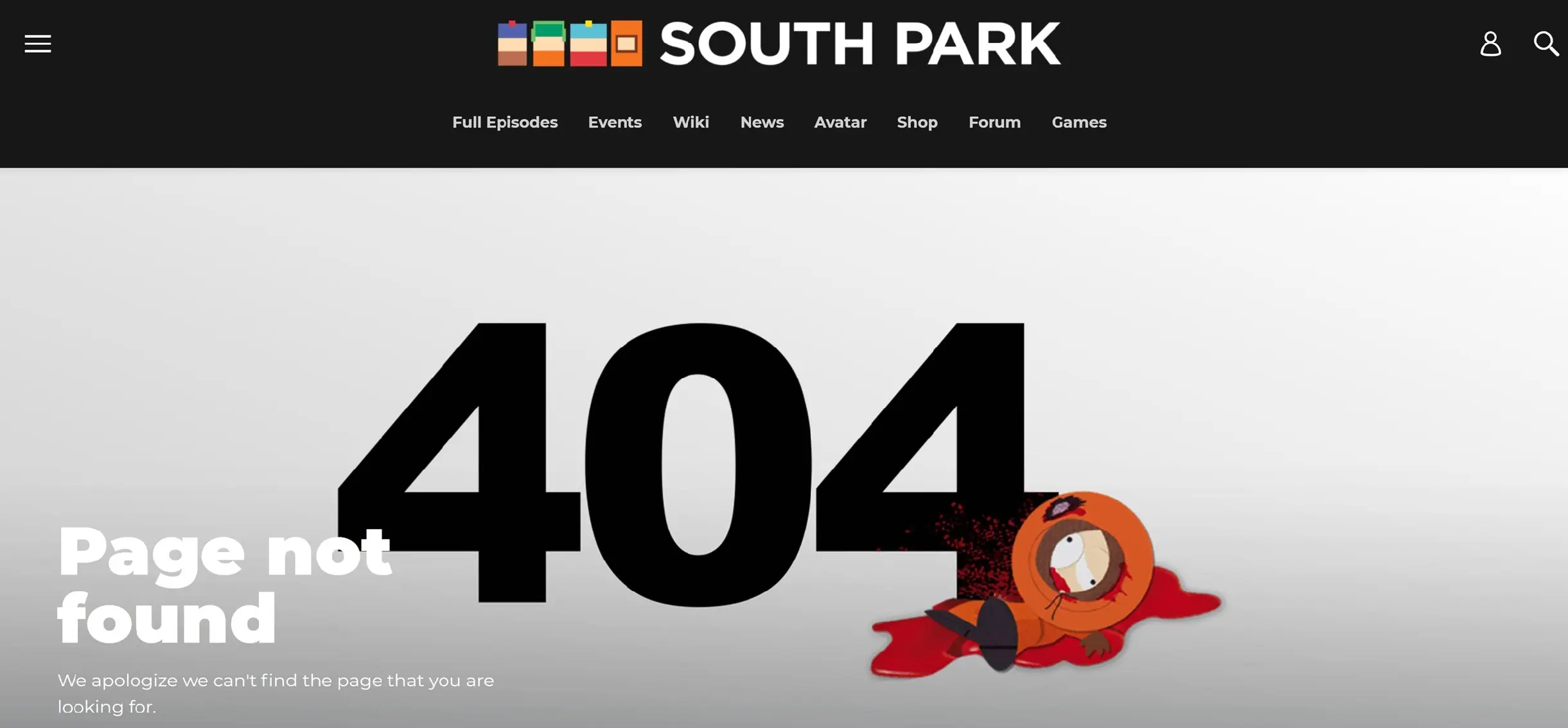 404 page on South Park website Image: 404 page on South Park website