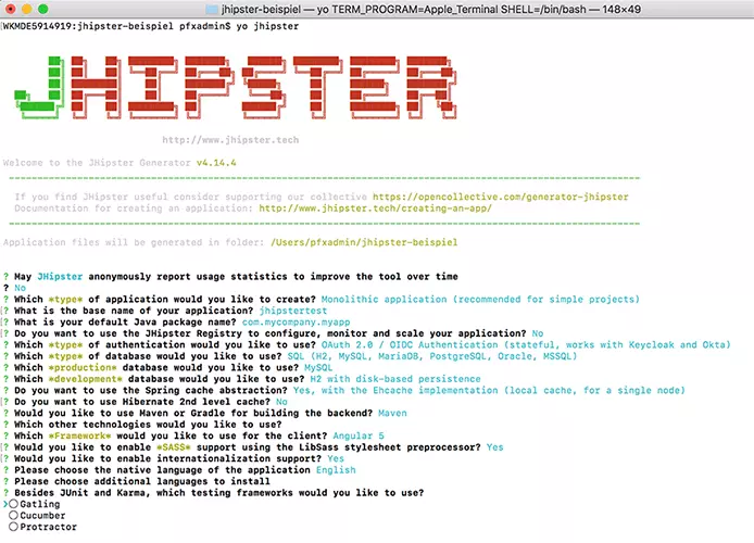 Image: macOS terminal: generating a JHipster example application