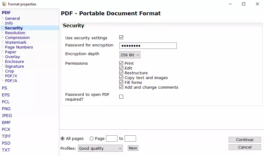 Image: PDF24 Creator: ‘Security’ menu
