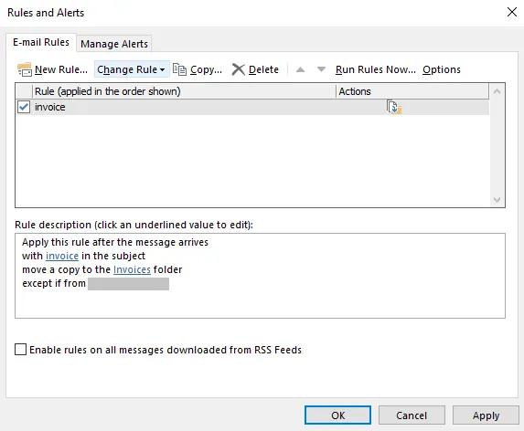 Image: Outlook Rules Wizard: Rules and Alerts dialog box