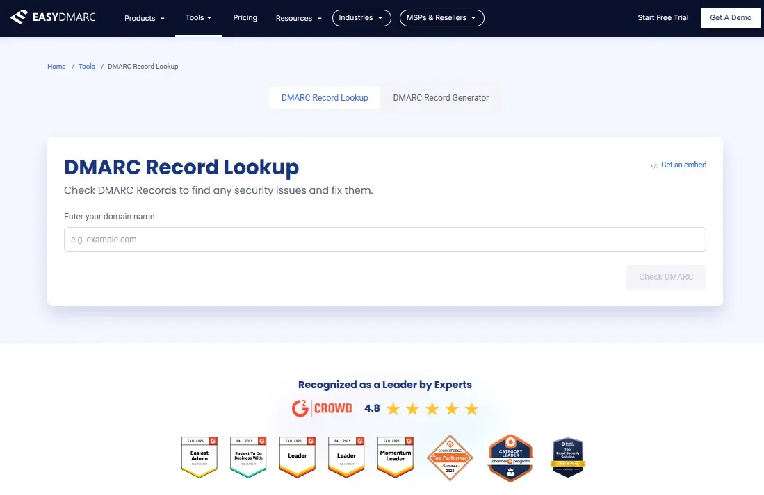 Image: Screenshot of the DMARC Record Lookup Tool from easydmarc.com