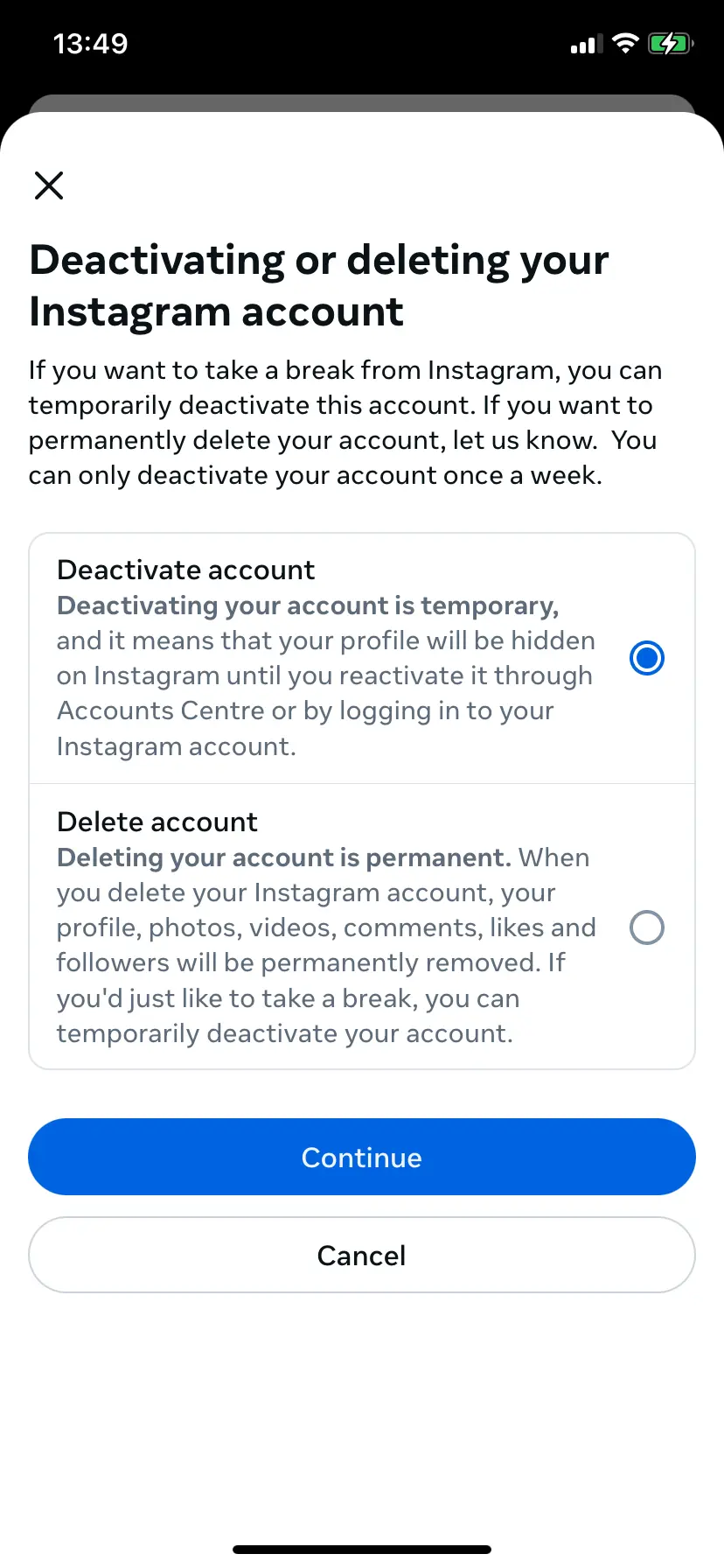 Choose ‘Deactivate account’ or ‘Delete account’ Image: Choose ‘Deactivate account’ or ‘Delete account’