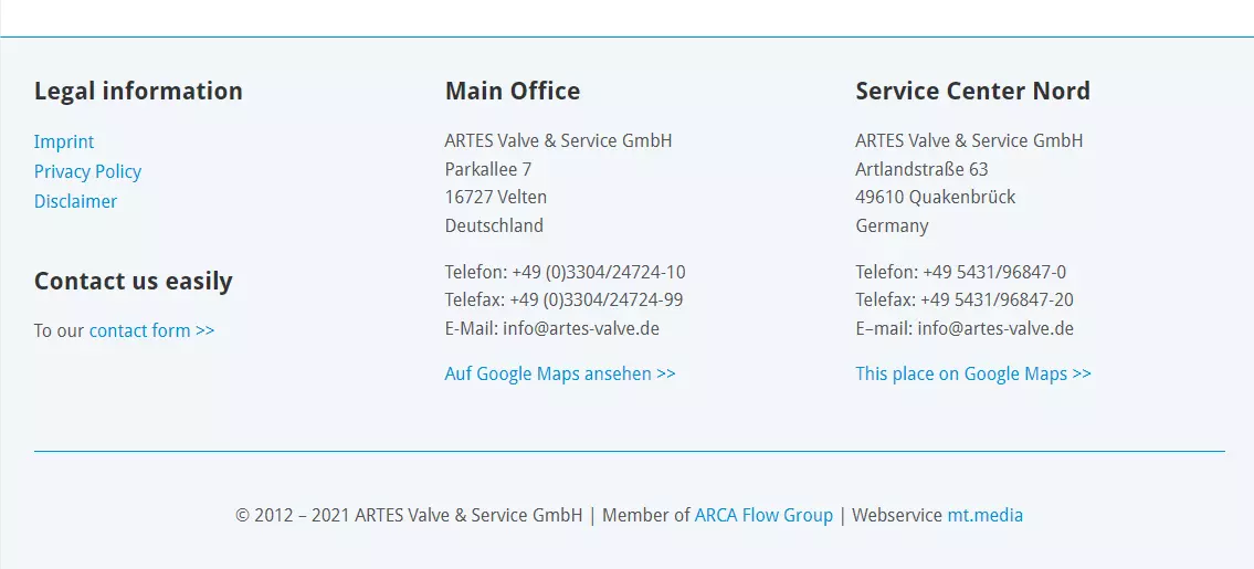 Image: Website footer: Best Practice artes-valve.com