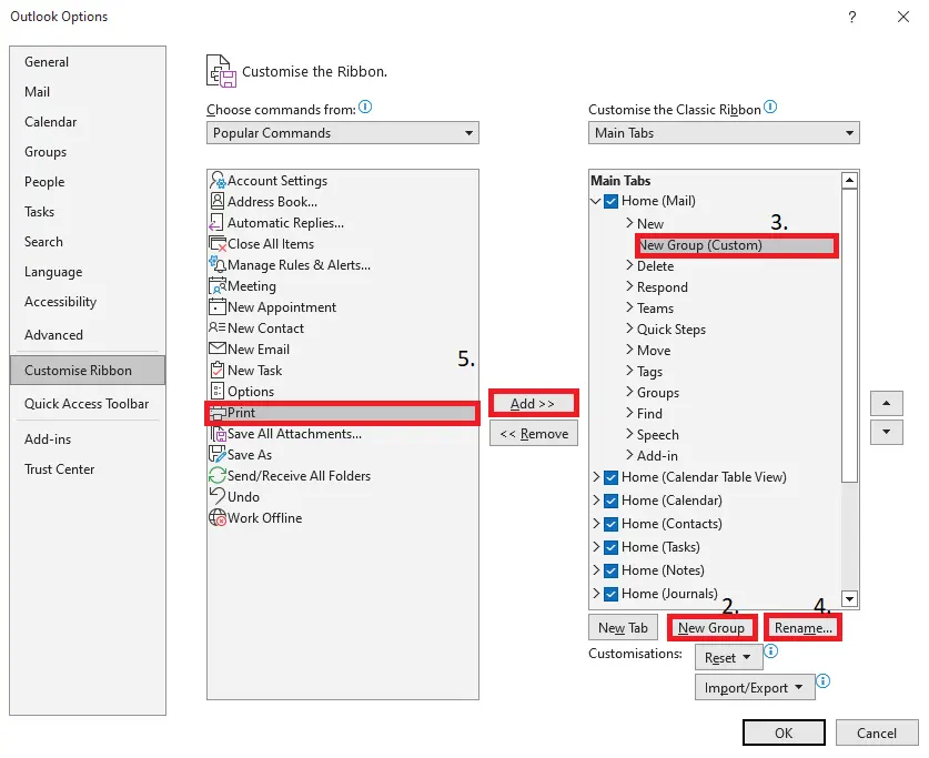 Image: The Customise Ribbon window in Outlook with its two columns of menus