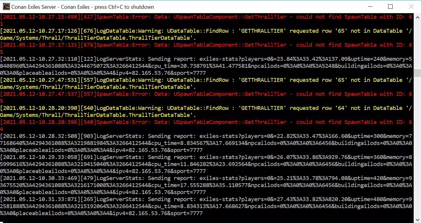 Image: Output of the command line when running Conan Exiles server
