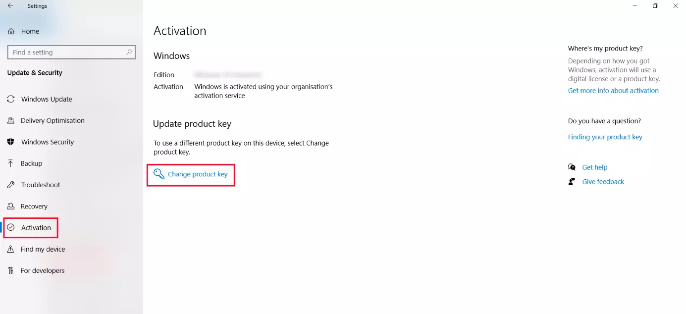 Image: Windows activation in the Settings app