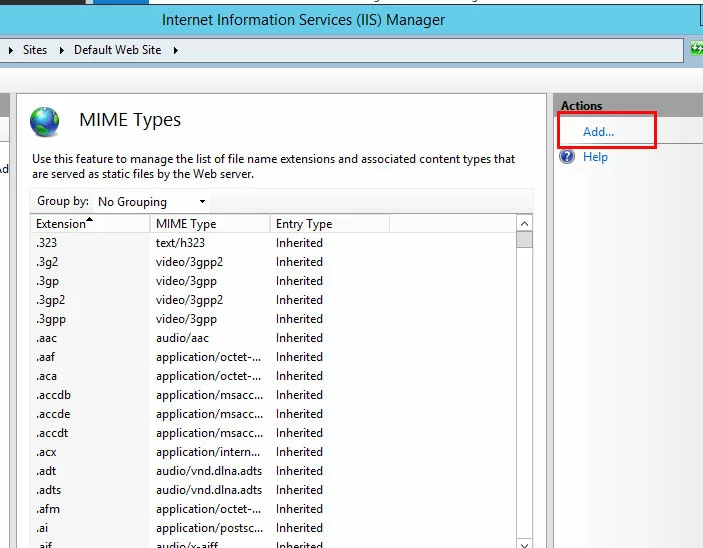 IIS manager: add MIME types