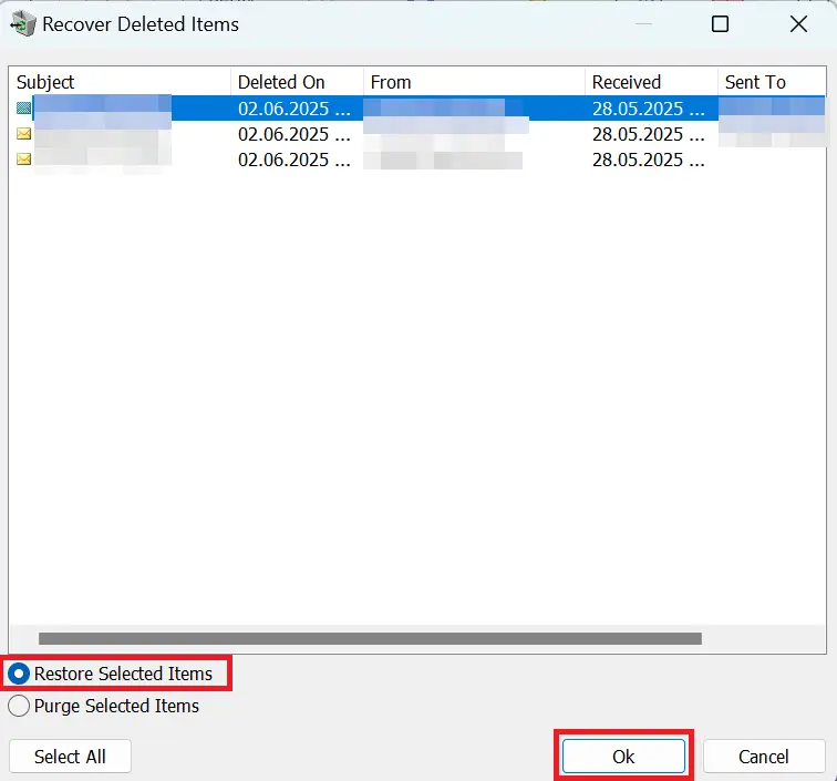 Image: Outlook: List of deleted items