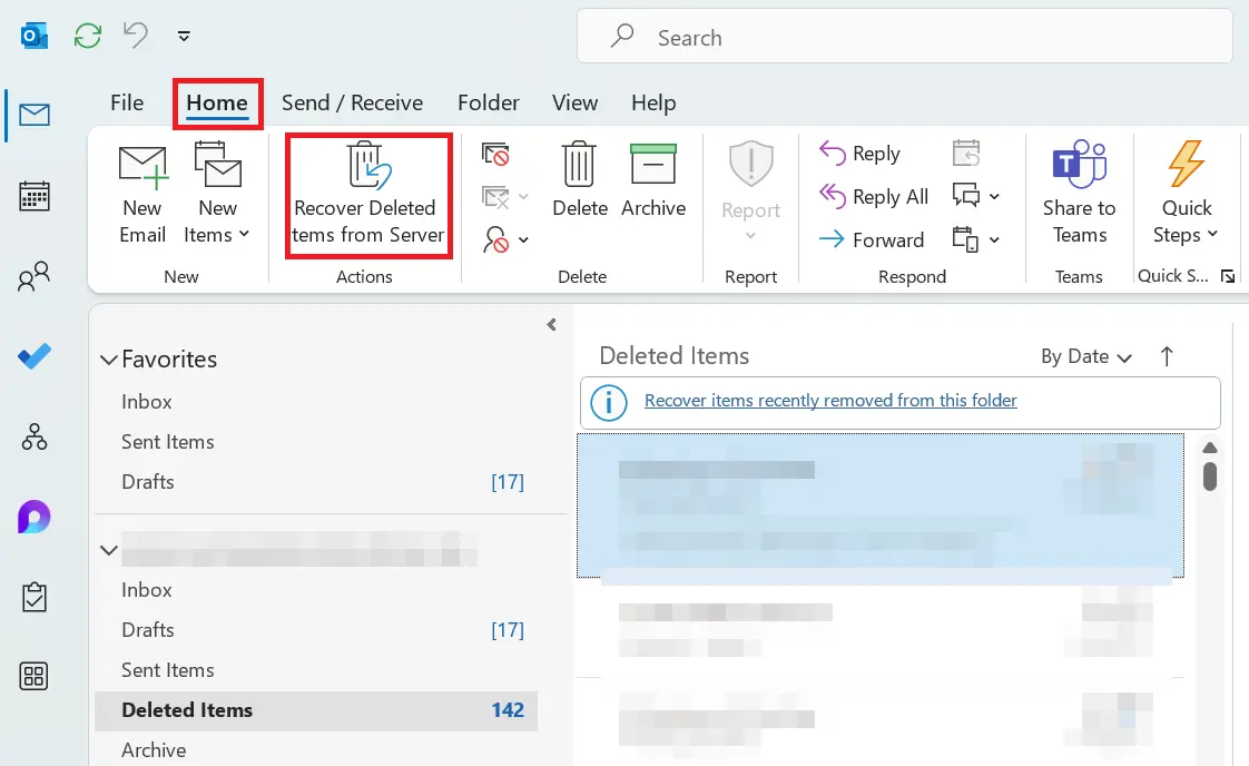 Image: Recover deleted Outlook items from server