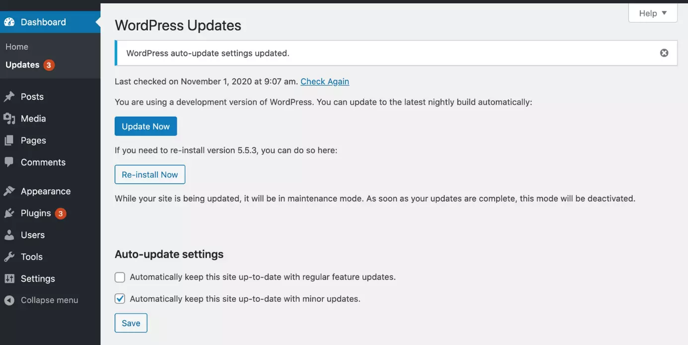 Image: Screenshot of WordPress dashboards with latest available updates
