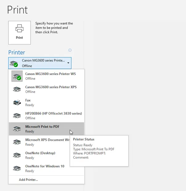 Image: Outlook printer options