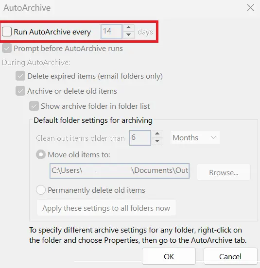 Microsoft Outlook: ‘AutoArchive’ window Image: Microsoft Outlook: ‘AutoArchive’ window