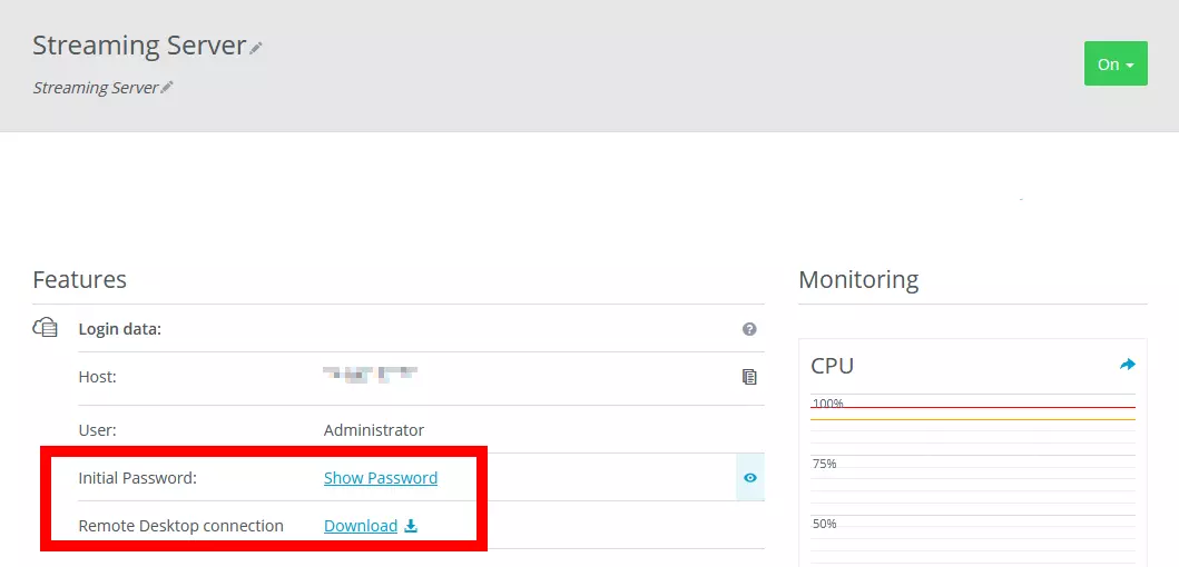 Image: IONOS Cloud Panel with remote desktop connection information