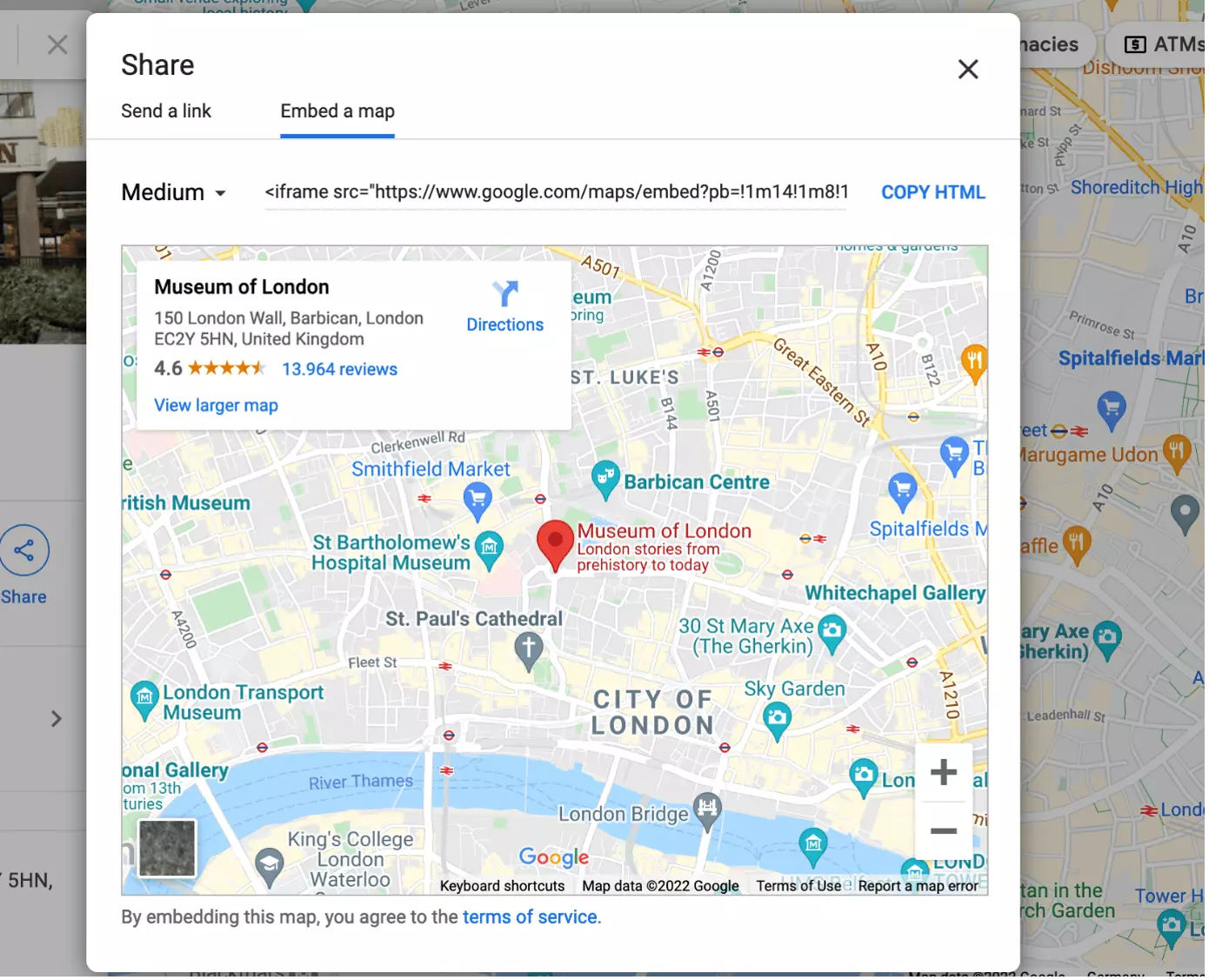 Screenshot of the window for getting an embed code in Google Maps