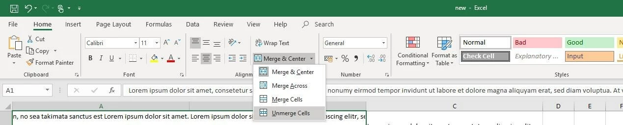 Image: Options in the “Merge & Center” menu in Excel
