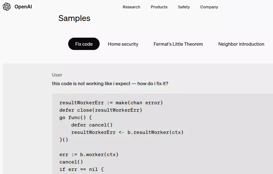 OpenAI website: ChatGPT code example Image: OpenAI website: ChatGPT code example