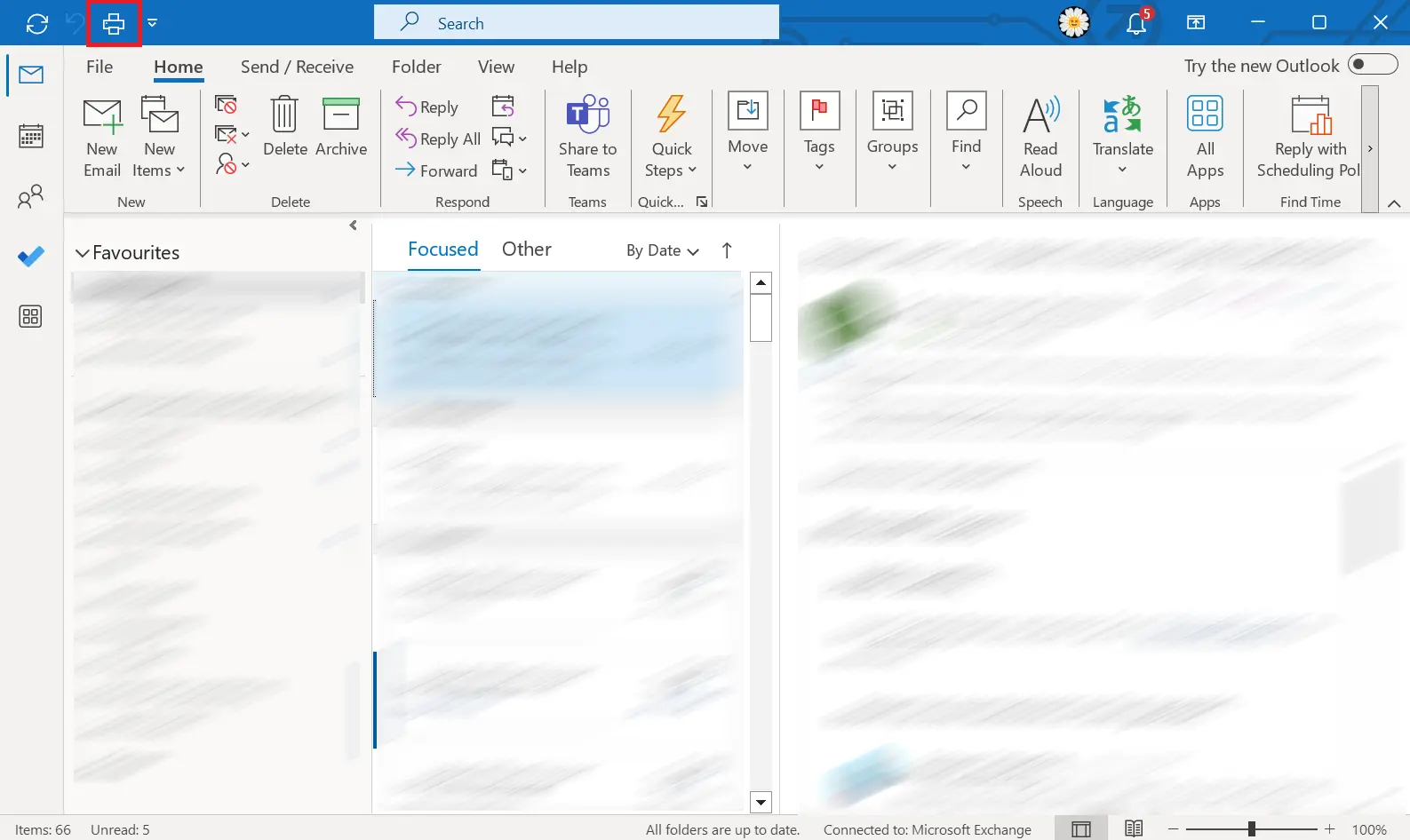 Image: The Print icon in Outlook’s blue menu bar