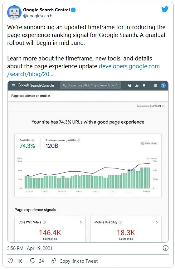Tweet from the Google Teams regarding Core Web Vitals Image: Tweet from the Google Teams regarding Core Web Vitals