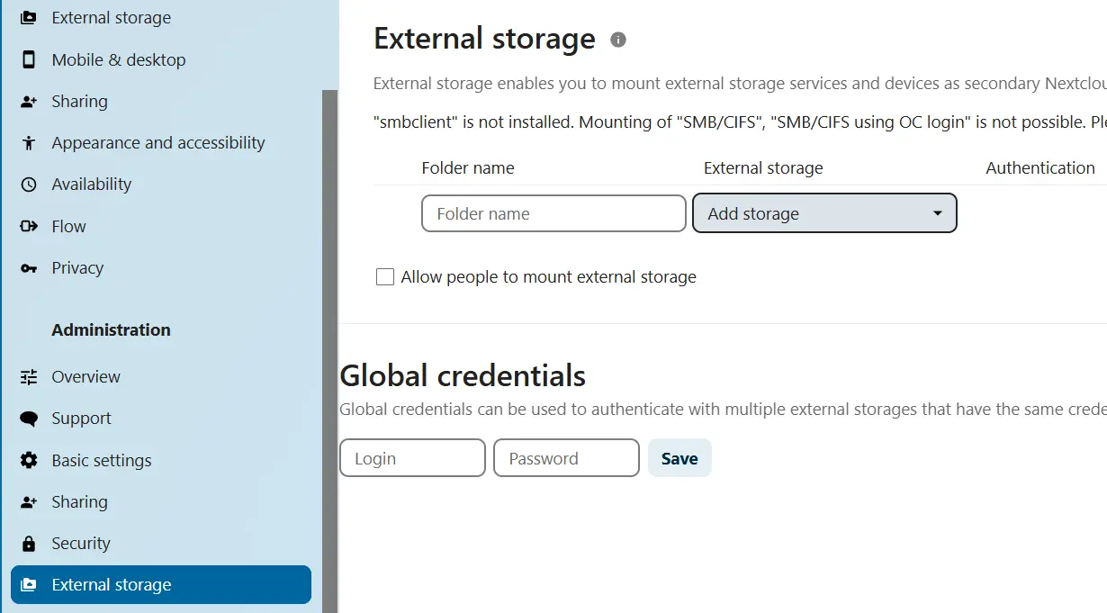 Nextcloud: ‘External storage’ menu Image: Nextcloud: ‘External storage’ menu