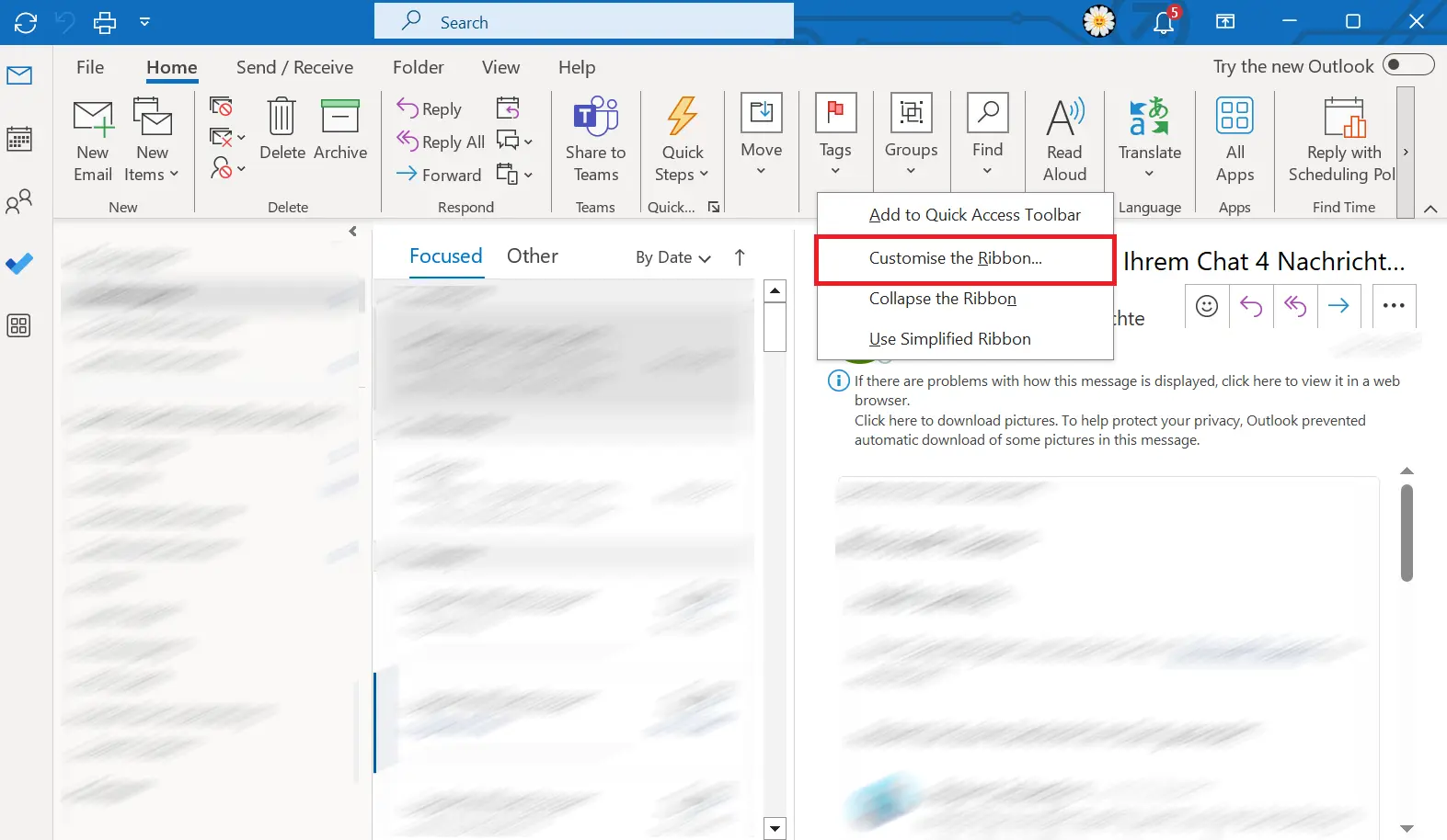 Image: Alt-Text: Outlook option to ‘Customize the Ribbon…’
