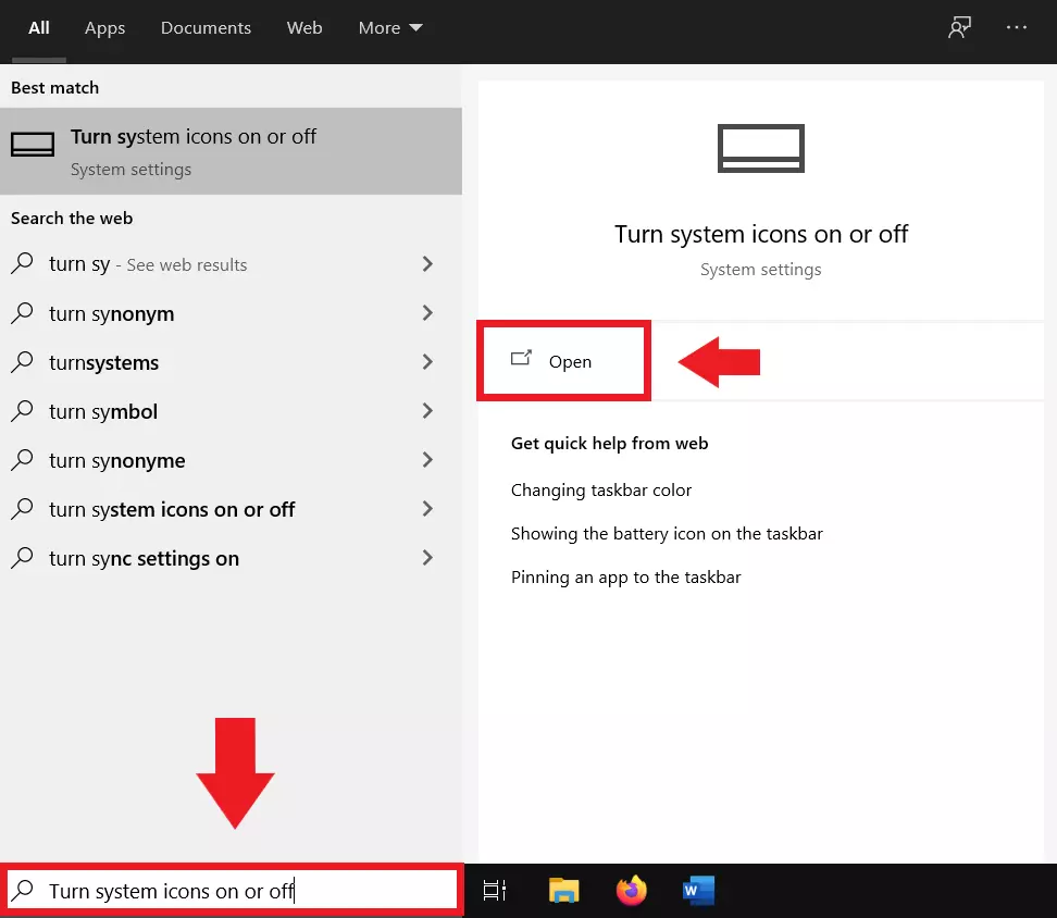 Type ‘system icons’ in the Windows search bar and open the system icons menu