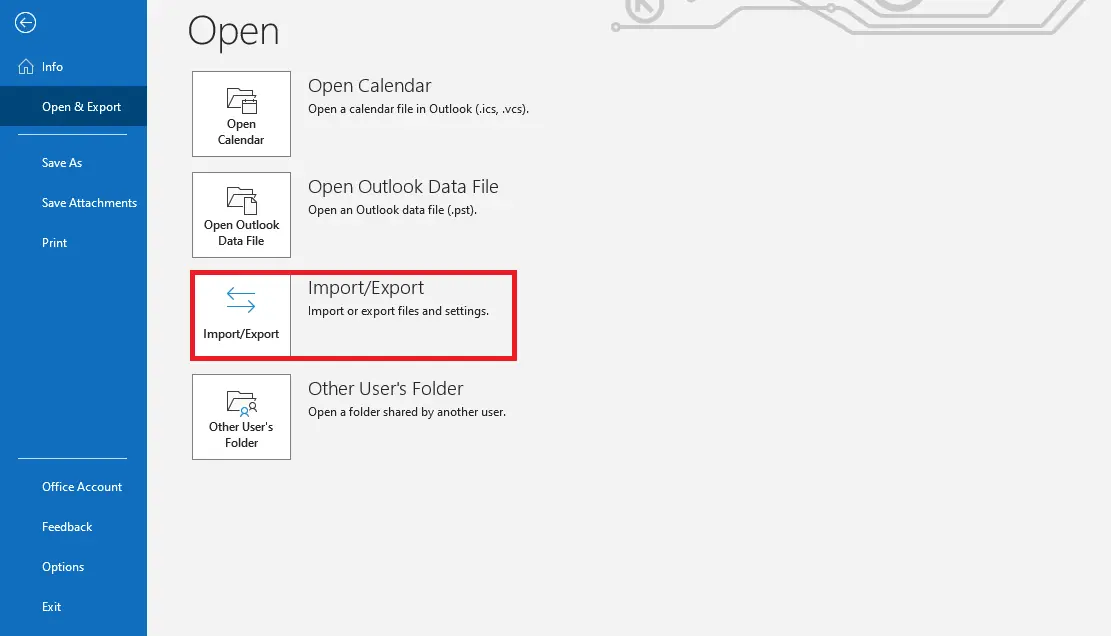 Image: ‘Open & Export’ submenu in Outlook 365