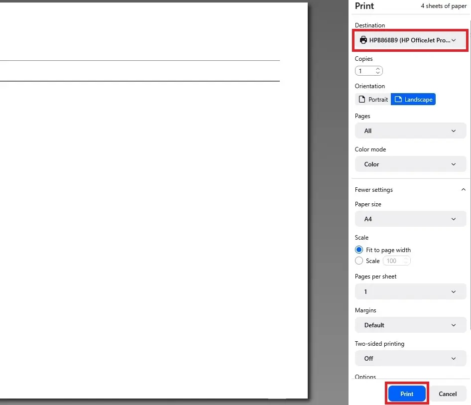Image: &rsquo;Print&rsquo; window in the online version of Outlook