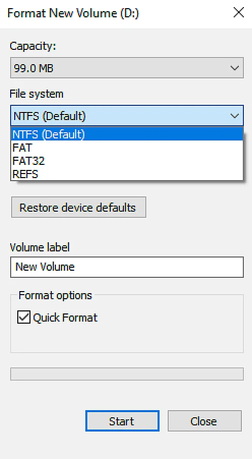 Image: Windows 10: formatting of USB drive